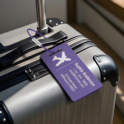 4 Personalized Metal Luggage Tags, Laser Engrave Name and Logo, Custom Aluminum Suitcase Tags with Steel Ring, for Travel, Backpack, Baggage (Purple)