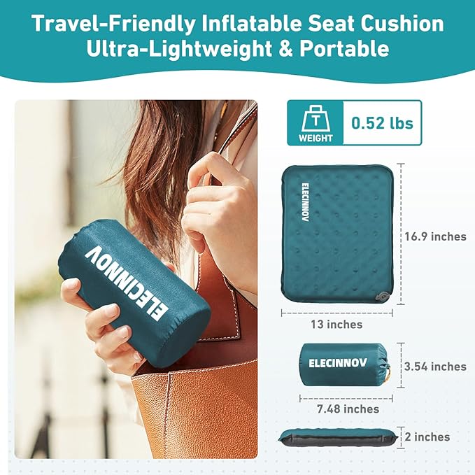 Inflatable Seat Cushion, Self Inflating Memory Foam Stadium Seat Cushion Lightweight Camping Chair Pad Airplane Cushion for Long Flights Outdoor Travel Bleacher Office Car Backpacking (Blue)