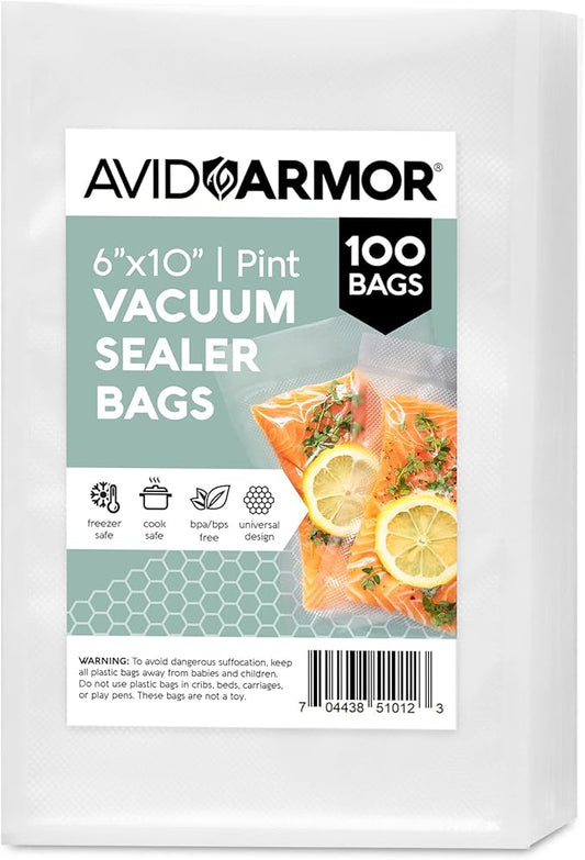 Avid Armor Vacuum Sealer Bags Pint Size, Vac Seal Bags for Food Storage, Meal Saver Freezer Vacuum Sealer Bags, Sous Vide Bags Vacuum Sealer, Non-BPA, 6 x 10 inches, Pack of 100