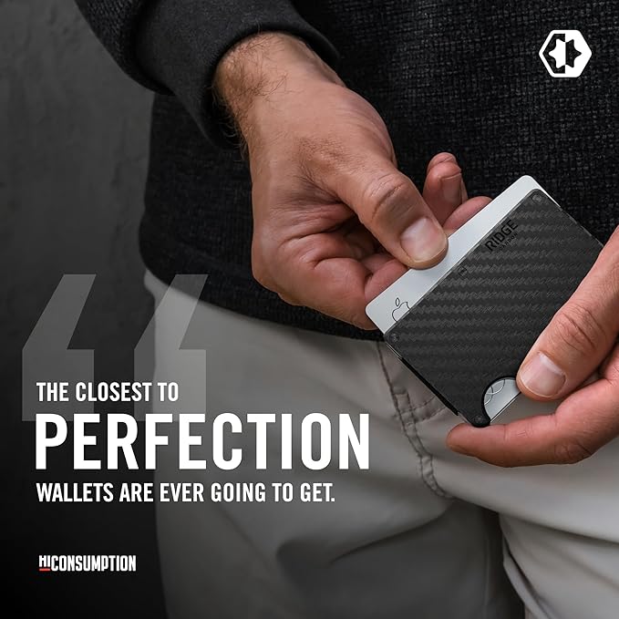 Ridge Wallet for Men - Slim Minimalist Compact Wallet and Card Holder, RFID Protected Front Pocket Wallets for Men with Integrated Cash Strap (Carbon Fiber 3K)