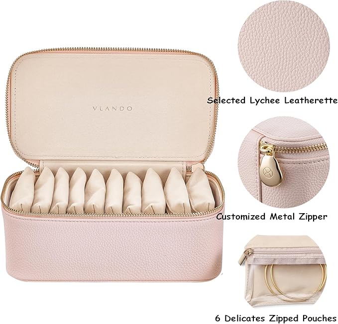 Vlando Travel Jewelry Box Organizer - 12 Small Velvet Zipped Pouches Pockets for Jewelries Necklaces Rings Earrings Sorting Storage, Rosy Mauve