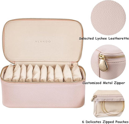 Vlando Travel Jewelry Box Organizer - 12 Small Velvet Zipped Pouches Pockets for Jewelries Necklaces Rings Earrings Sorting Storage, Rosy Mauve
