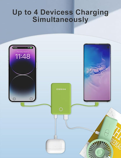 miisso 6000mah Ultra Slim Built in Cables Power Bank, Card Size Built in USB C Cords Battery Pack Portable Charger for Phones, 3 Output External Battery Pack Compatible with iPhone, Deep Green
