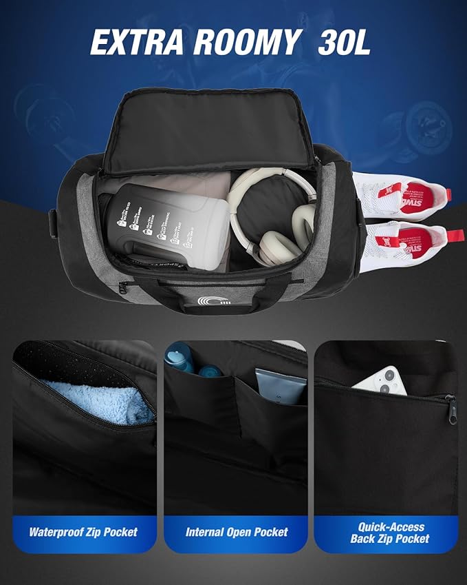 Gonex Gym Duffel Bag with Shoe Compartment Wet Pocket, Large Capacity Sports Duffle Bag for Men Women, Workout & Travel Bag with Multiple Pockets, Black/Gray, Small (30L)