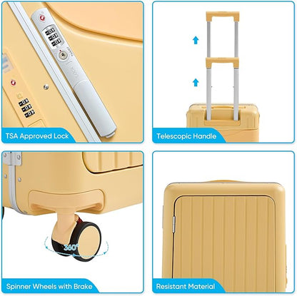 20 Inch Ride on Luggage With Seat For Kids&Adults,with Front Pocket, Foldable Seat Back TSA Approved Lock, 360° Spinner Wheels(20 inch,Yellow)