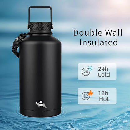 Insulated Water Bottle with Straw,87 oz 3 Lids Water Jug with Carrying Bag,Paracord Handle,Double Wall Vacuum Stainless Steel Metal Flask,Black