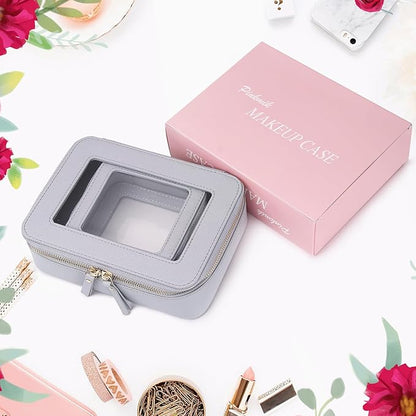 Pinkmik Clear Makeup Bag Waterproof Travel Case for Cosmetics and Toiletries Women's Purse Organizer and Clear Car Bag with Zipper (Gray, M+MINI)
