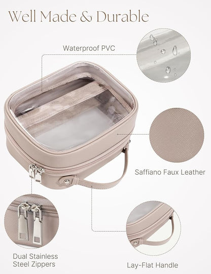Clear Cosmetic Bag Double Layer 4 Compartments Travel Toiletry Bag Clear Makeup Bag Case with Zipper Transparent Travel Bag for Toiletries, Gift for Women Girls (Taupe, Small)