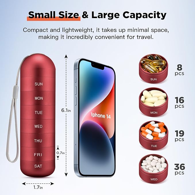 Zannaki Metal Moisture Proof Weekly Pill Organizer, Large Aluminum Alloy BPA Free Travel Hiking 7 Day Pill Box Case Waterproof and Stackable Compartment to Hold Pills, Vitamins, Fish Oil, Supplements