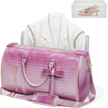 Garment Bags for Travel, 2-in-1 Convertible Travel Garment Duffle Bag for Women, Foldable Carry On Garment Bag with Shoe Compartment & Toiletry Pocket, PU Leather Weekender Bag, Pink-White