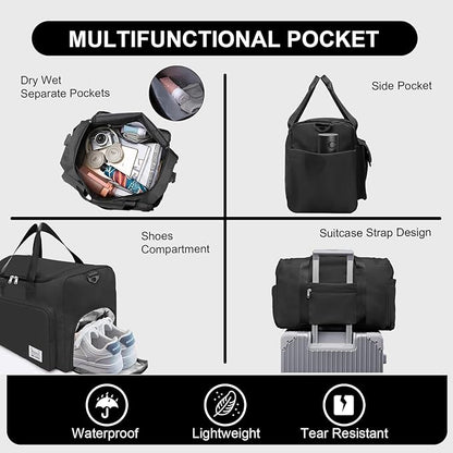 Gym Bag for Women Men, Travel Duffle Bag Large Capacity Carry On Weekender Bag With Shoe Compartment Gym Tote Dry Wet Separation Duffel Bag with Makeup Bag, Black