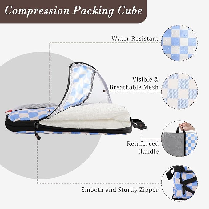 U+U 6 Set Compression Packing Cubes - Ultralight Travel Organizers with Laundry Bag, Space-Saving Suitcase Organizer for Travel, Business Trip and Family Vacation (Blue Checkered)
