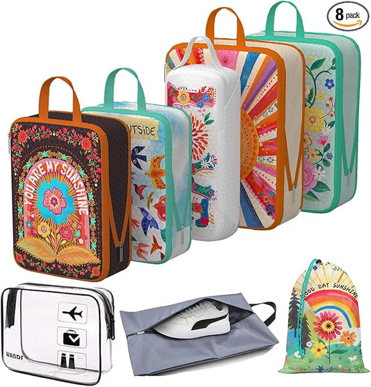 Wpnchsdc Compression Packing Cubes for Travel, 8 Set Natural Life Luggage Organizers, Waterproof Expandable/Compression Bags Bohemia Travel Packing Cubes with Clear Toiletry Bag and Shoe Bag