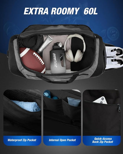 Gonex Gym Duffel Bag with Shoe Compartment Wet Pocket, Large Capacity Sports Duffle Bag for Men Women, Workout & Travel Bag with Multiple Pockets, Black/Gray, Medium (60L)