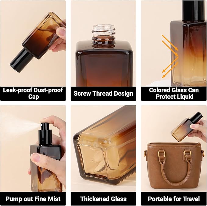 Segbeauty 3.4oz Empty Amber Glass Spray Bottle Refillable Travel Perfume Bottles, 4pcs Fine Mist Large Travel Spray Bottle for Hair, 100ml Sample Glass Atomizer Perfume Refill Bottles for Toiletries