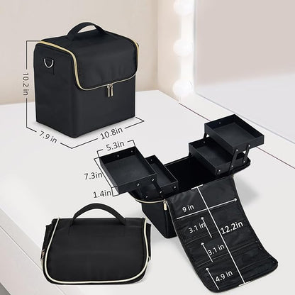 Stagiant Extra Large Makeup Case, Makeup Box Organizer,Travel Nail Bag Carrying Train Case Pro Storage Make up Case with Dividers, 4 Tier Tattoo Bag for Nail Tech/MUA,with Strap and Luggage Sleeve