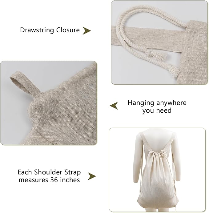 100% Pure Linen Travel Backpack Laundry Bags with Shoulder Straps 20x24in-Washable Drawstring Hanging Laundry Hamper Rxtra Large Portable Cloth Laundry Bag for Dorm College Military Gym-Linen