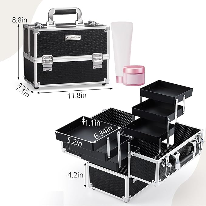 FRENESSA Makeup Train Case Makeup Case 11.8 Inch Large Cosmetic Box Organizer Travel Storage Professional Make Up Train Carrying Case with 6 Trays Locking Hard Vanity Storage Black