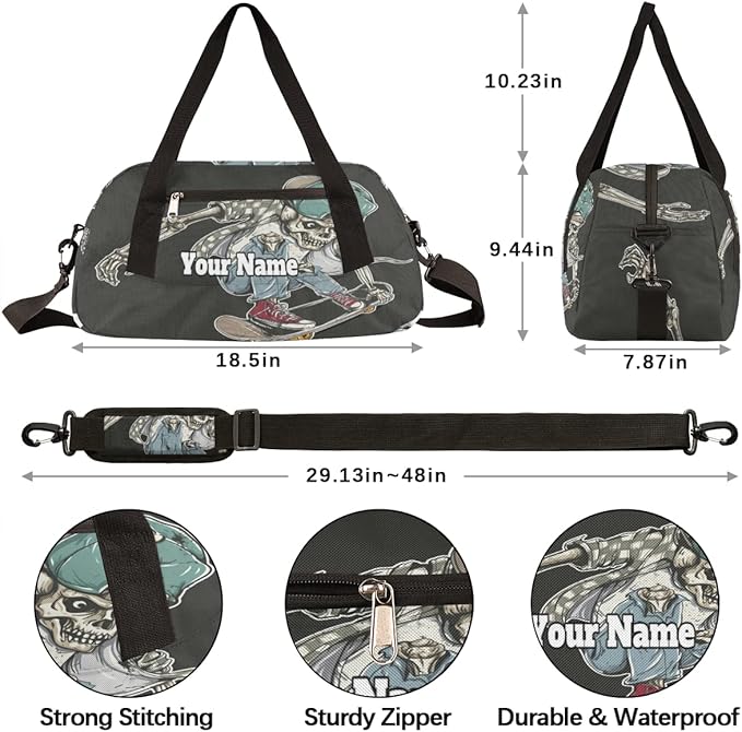 Custom Your Name Cool Human Skeleton Skateboard Personalized Text Gym Duffle Bag for Kids,Sports Bag for Teens Boys & Girls Small Waterproof Overnight Weekender Carry School Practice Travel Bag