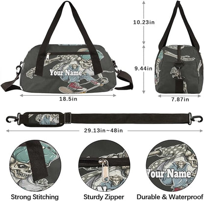 Custom Your Name Cool Human Skeleton Skateboard Personalized Text Gym Duffle Bag for Kids,Sports Bag for Teens Boys & Girls Small Waterproof Overnight Weekender Carry School Practice Travel Bag
