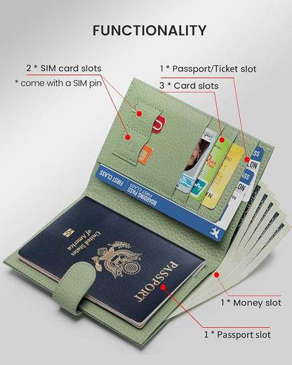 RFID Slim Passport Holder for Women, Compact Leather Passport Wallet with Card Holders SIM Slots,Zippered Coins Pocket and Cash Compartment Travel Passport Cover Case, Light Green