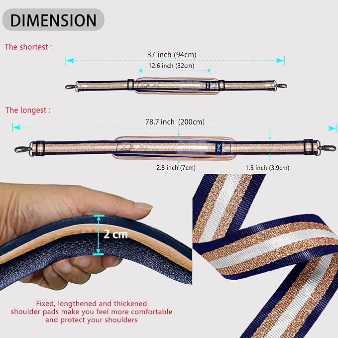 ZINZ Shoulder Strap 78" Universal Strap with Ultra-Thick Padded and Dual Balanced Adjustable Buckles for Travel and Sports Bags, Laptop and Crossbody Bags - Blue Glod