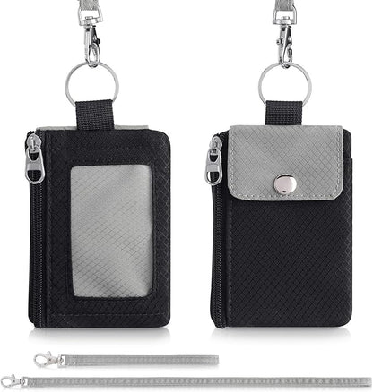 Minimalist Wallet For Mens Womens, Keychain RFID Blocking Zipper Small Wallet with ID Window 2 Lanyards,Water Resistant Travel Cash Card Coin Case Boys Girls