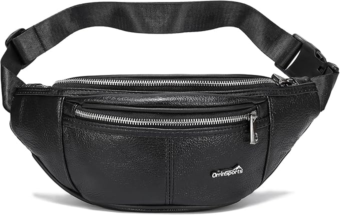 Black Fanny Pack for Men Genuine Leather Waist Bag Multiple Pockets Metal Zippers Belt Bag for Travel Hiking Cycling Fishing