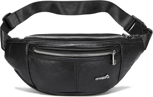Black Fanny Pack for Men Genuine Leather Waist Bag Multiple Pockets Metal Zippers Belt Bag for Travel Hiking Cycling Fishing