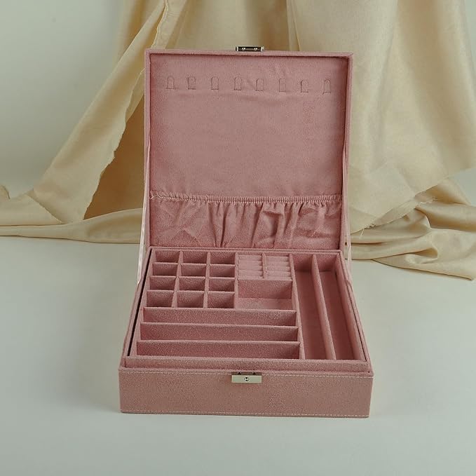 Jewelry Boxes 10 x 10 Inches 2-layer Handle Necklace Holder Organizer Jewellery Women Rings Storage Display Girls Earrings Case Lockable Jewelry Tray GY641 (Pink)