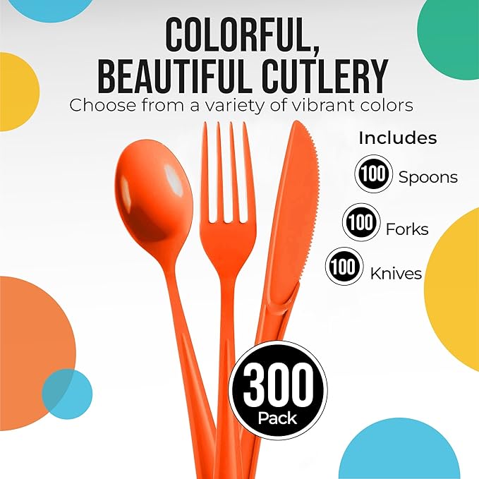 Orange Plastic Silverware Heavy Duty 300 Pieces Orange Disposable Silverware Heavy Duty, Utensil Sets, 100 Of Each Forks, Knives & Spoons Disposable Cutlery Set For Party Supplies