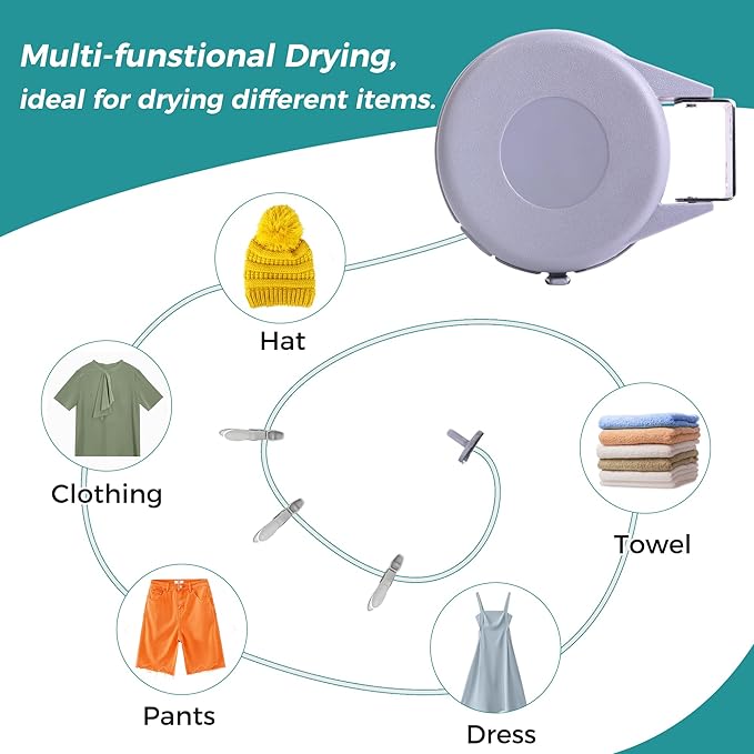 JS HANGER Retractable Clothesline Outdoor Indoor Laundry Line - 49 FT Single Lines Heavy Duty Wall Mounted Washing Line, Portable Clothes Drying Line with 24pcs Free Pegs