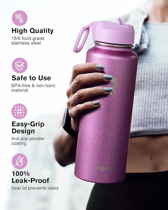 Coolflask Water Bottle 40 oz Insulated with Straw, Stainless Steel Metal 3 Lids Water Flask for Sports or Office, Keep Cold 48H Hot 24H, Glitter Pink