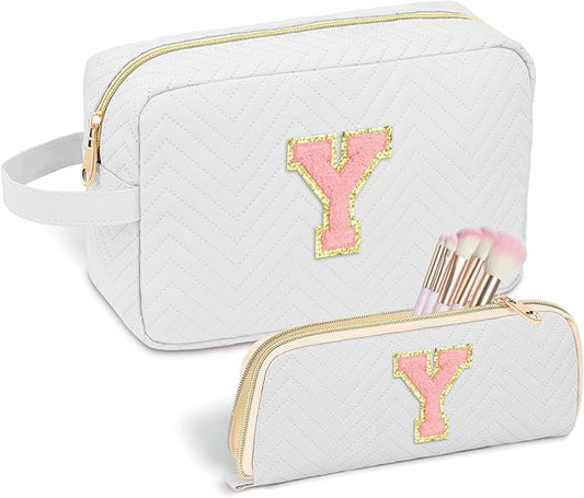 Personalized Initial Makeup Bag Trendy Stuff Leather Waterproof Cosmetic Bag Travel Toiletry Bag, Christmas/Thanksgiving/Halloween Gifts Makeup Organizer Case for Women Girls Mom Girlfriend Wife