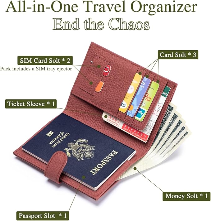 Slim RFID Passport Wallet for Women – Leather Travel Wallet Womens with Passport Slot & Card Slots, Zippered Coin Pocket & Cash Holder Travel Organizer Burnt Sienna (Brick Red)