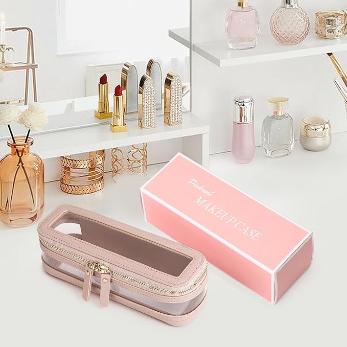 Pinkmik Makeup Brush Case Clear Travel Cosmetic & Toiletry Bag Slim Makeup Bag with Zipper Small Purse Organizer Car Essential Bag for Women (Pink, SLIM-1)