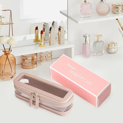 Pinkmik Makeup Brush Case Clear Travel Cosmetic & Toiletry Bag Slim Makeup Bag with Zipper Small Purse Organizer Car Essential Bag for Women (Pink, SLIM-1)