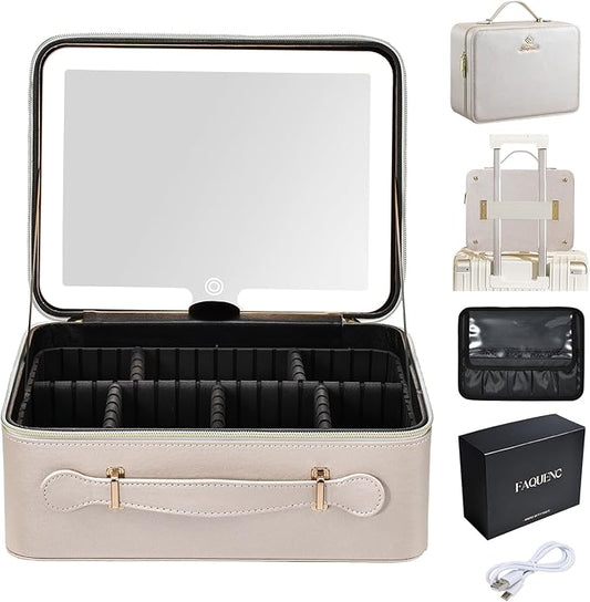 Leather Makeup Case with LED Lighted Mirror 11.4 Inch Travel Makeup Bag Adjustable Brightness in 3 Colors Cosmetic Organizer Artist Storage Bag with Dividers Brush Holder Bag Vanity Pale Gold