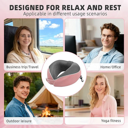 Memory Foam Neck Pillow Travel - Travel Pillows for Airplanes with Round Storage Box, 360° Ergonomic Support for Sleeping on Long Flights, Compact & Portable (Pink)