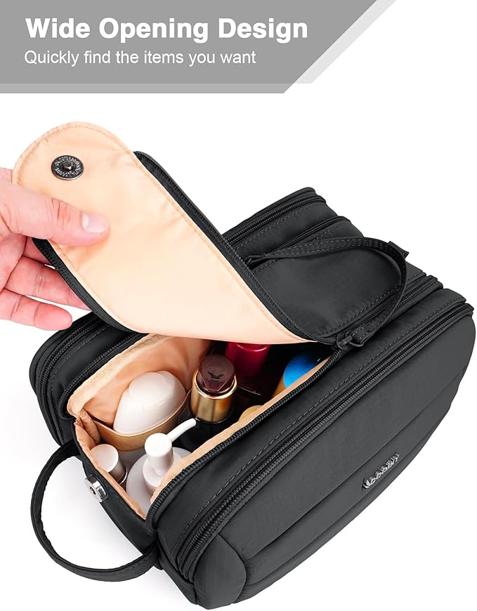 Toiletry Bag for Men & Women, Cruise Ship Travel Essentials, Shaving Dopp Kit with Dry and Wet Separation, Water-resistant Bathroom Cosmetic Organizer Bag, Makeup Accessories with Trolley Belt, Black