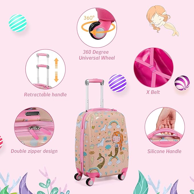 KOTEK Kids Carry On Luggage Set, 18" Hardside Rolling Suitcase with Spinner Wheels, Travel Rolling Luggage for Boys Girls (Mermaid)…