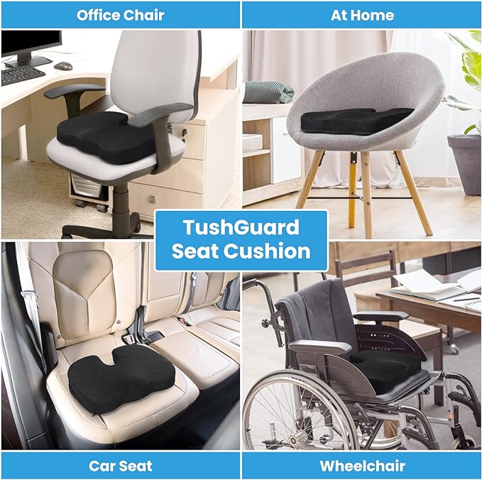 TushGuard Office/ Car Seat Cushion, Non-Slip Sciatica & Back Coccyx Tailbone Pain Relief Chair Pad, Memory Foam Butt Pillow for Computer Desk, Wheelchair, Driving (Black)