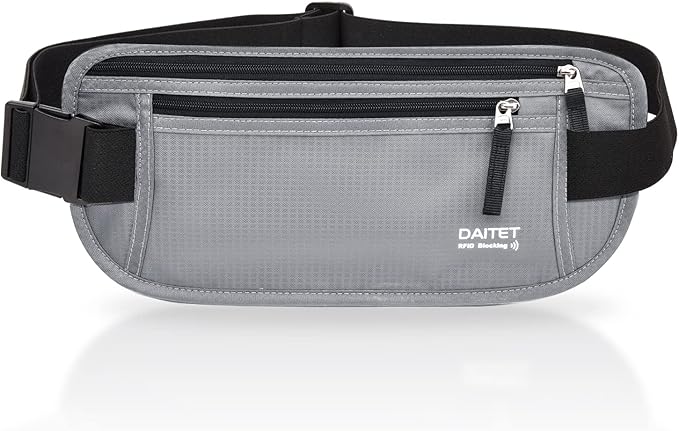 RFID Blocking Money Belt for Men Women, Slim Fanny Pack For Travel，Running,Conceal Waist Wallet For Passport Holder,Phone,Cash(Black Light Grey)