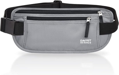 RFID Blocking Money Belt for Men Women, Slim Fanny Pack For Travel，Running,Conceal Waist Wallet For Passport Holder,Phone,Cash(Black Light Grey)