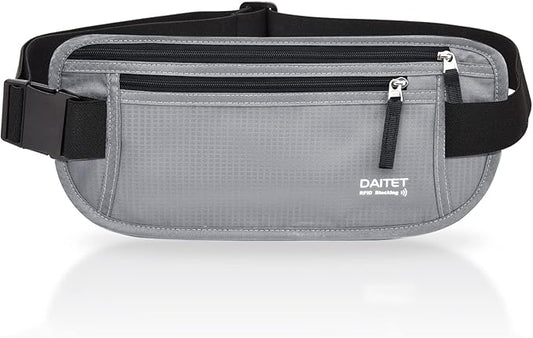 RFID Blocking Money Belt for Men Women, Slim Fanny Pack For Travel，Running,Conceal Waist Wallet For Passport Holder,Phone,Cash(Black Light Grey)