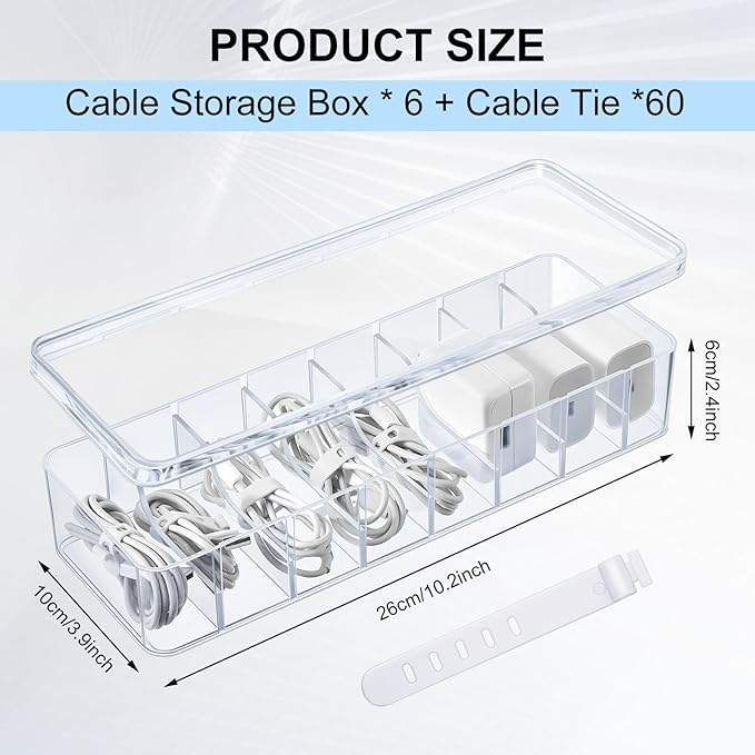 Tatuo 6 Pcs Cable Organizer Box with Wire Ties, Plastic Cord Storage Box with Lid, Electronics Organizer for Home Office Desk Organizers and Accessories (Clear)
