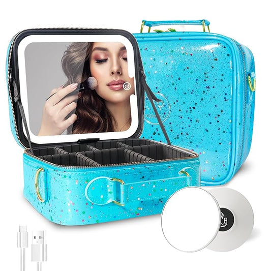 MOMIRA Travel Makeup Bag Cosmetic Bag with Lighted Mirror, Adjustable Brightness in 3 Color Scenarios/Detachable makeup mirror, 2024-All-round Upgrade, Waterproof, Gift for Women -Glett Blue