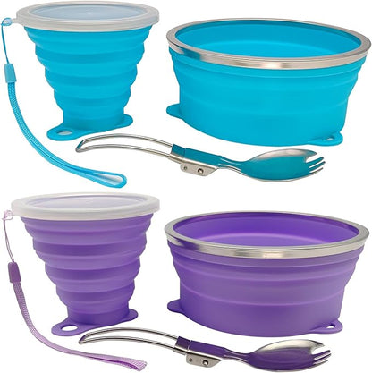Mess Kit for Camping Silicone Collapsible Bowl Collapsible Cup and Stainless Steel Spoon for Backpacking Outdoor Hiking Traveling and Picnic - 2 Pack