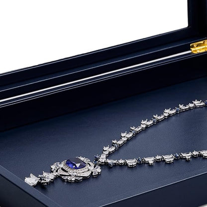 Oirlv Premium Blue Leather Flat Jewelry Tray with Acrylic Lid Jewelry Organizer Case Showcase Big Necklace Display Organizer Box with Locks for Security