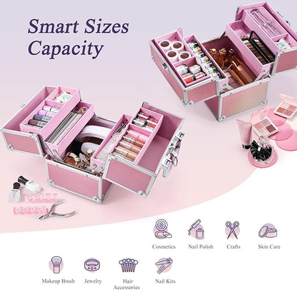Frenessa Makeup Case Makeup Box Cosmetic Organizer Case Portable Make Up Artist Travel Case Storage Box 4 Trays with Dividers Lockable Hard Train Case Nail Tech Supply Storage Mermaid Pink